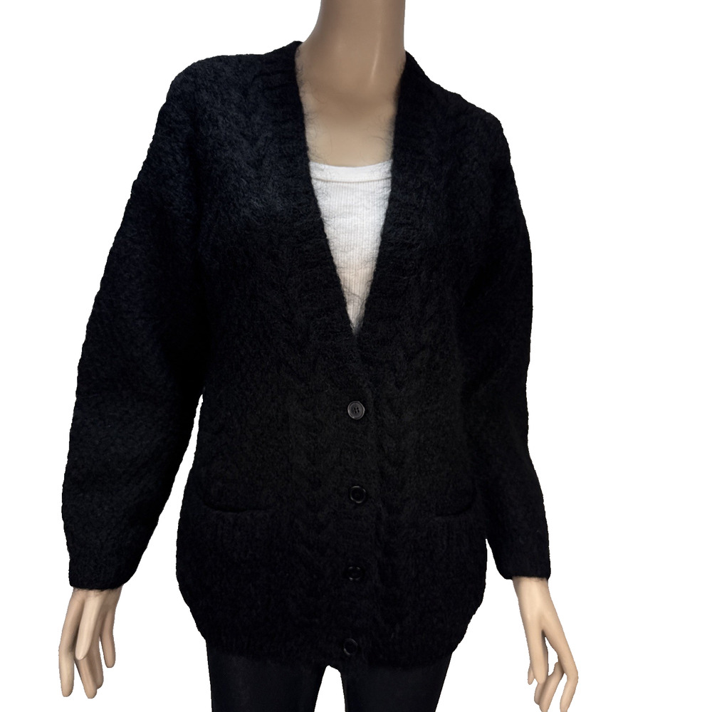 Limited Express Vintage‎ V-Neck Cable Knit Cardigan Sweater Size M Black Mohair